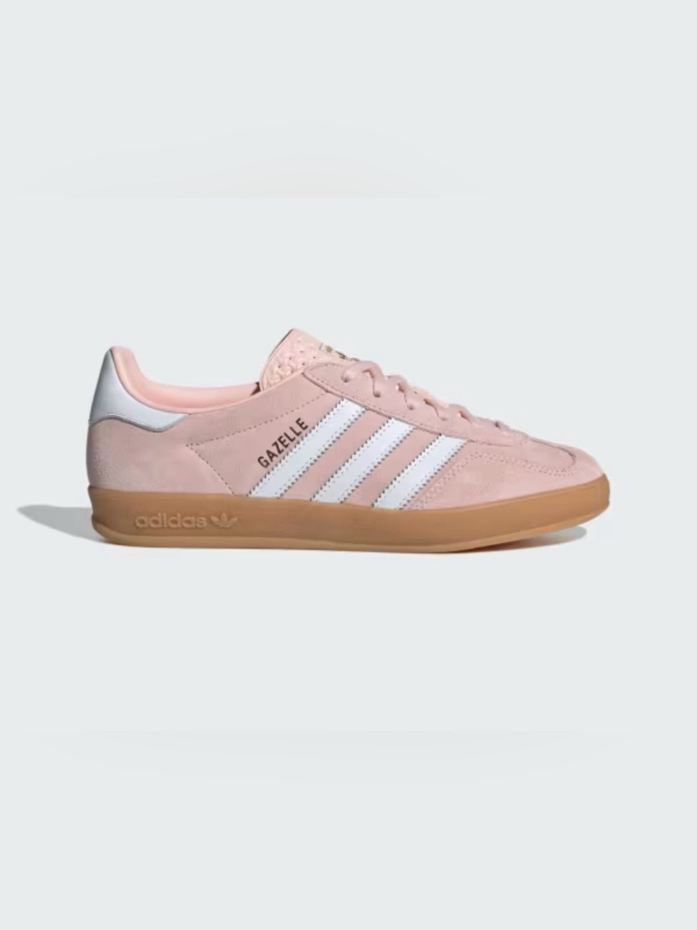 Adidas Gazelle Women’s Light Pink Suede Sneakers with White Stripes.